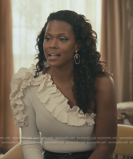 Vivian’s white one shoulder ruffle top on Bel-Air