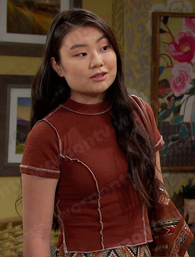 Wendy’s brown tee and zig-zag pants on Days of our Lives