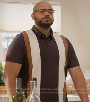 Wyatt’s stripe polo on Grand Crew