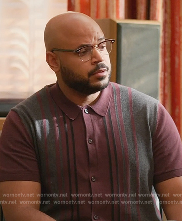 Wyatt’s burgundy stripe shirt on Grand Crew