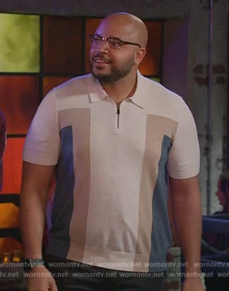 Wyatt’s block stripe polo on Grand Crew