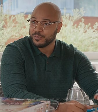 Wyatt’s green textured polo sweater on Grand Crew
