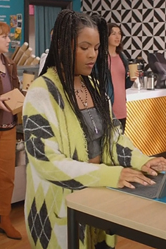 Mia’s yellow argyle cardigan on Grand Crew