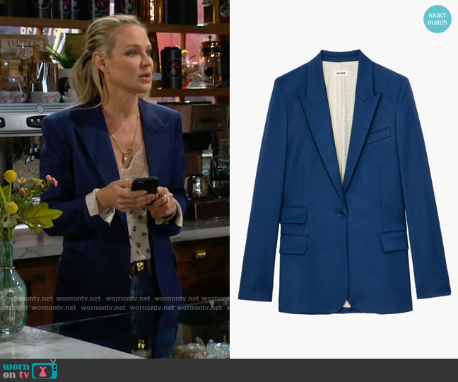 Zadig & Voltaire Venus Blazer in Blueberry worn by Sharon Newman (Sharon Case) on The Young and the Restless