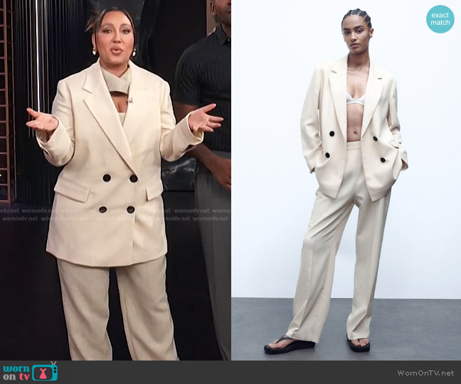 Zara Double Breasted Blazer in Ecru worn by Adrienne Houghton on E! News