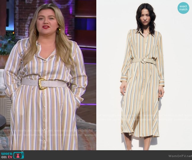 Zara Striped Belted Shirt Dress worn by Kelly Clarkson on The Kelly Clarkson Show