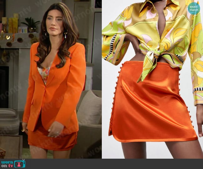 Zara Satin Finish Skirt with Buttons worn by Steffy Forrester (Jacqueline MacInnes Wood) on The Bold and the Beautiful