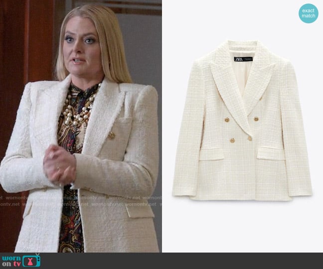 Zara Textured Double Breasted Blazer in Ecru worn by Lexi (Lauren Ash) on Not Dead Yet