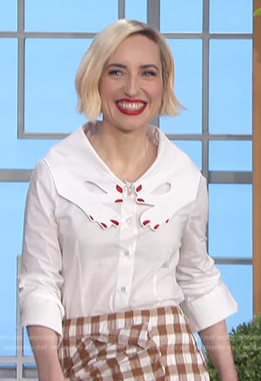 Zoey Lister Jones’ hand collar blouse and drape mini skirt on The Talk