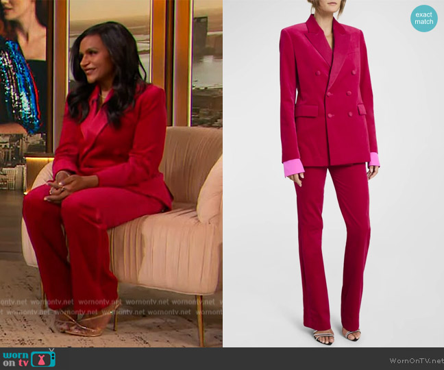 A.L.C. Declan Long Double-Breasted Velvet Blazer worn by Mindy Kaling on The Drew Barrymore Show