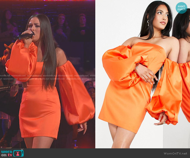 Asos Extreme Blouson Sleeve Mini Dress in satin in orange worn by Holly Brand on The Voice