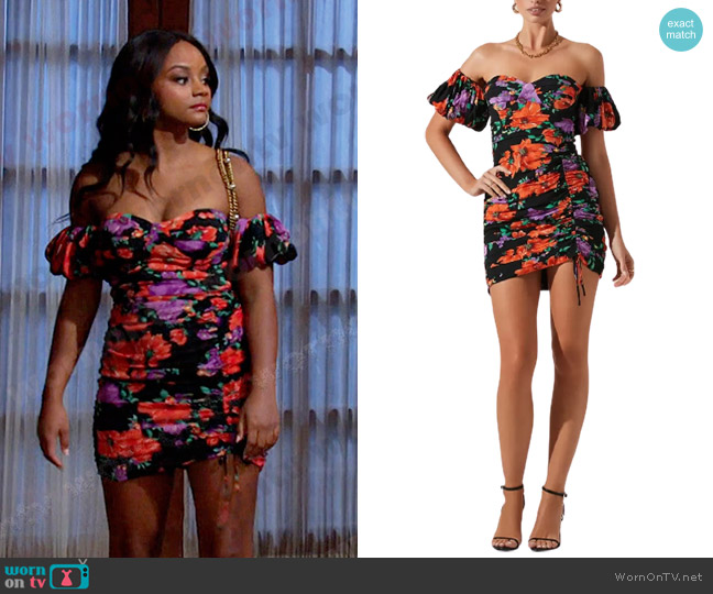ASTR The Label Floral Off The Shoulder Minidress worn by Chanel Dupree (Raven Bowens) on Days of our Lives