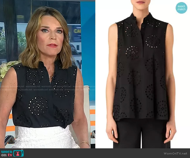 Akris Punto Embroidered Eyelet Cotton Sleeveless Blouse worn by Savannah Guthrie on Today