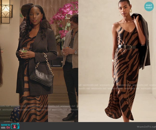 Banana Republic Zebra Stripe Midi Dress worn by (Ashley Blaine Featherson) on Grand Crew