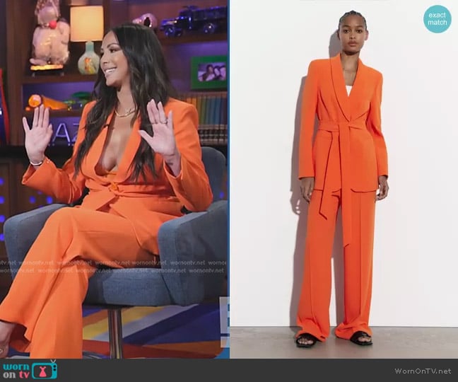 Zara Belted Tuxedo Collar Blazer in Orange worn by Kristen Doute on E! News