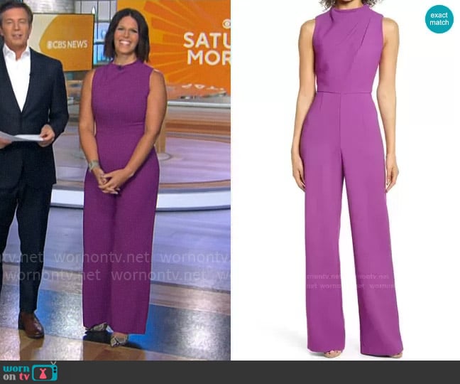 Black Halo Corrine Jumpsuit in Hyacinth worn by Dana Jacobson on CBS Mornings