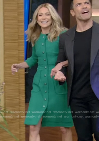 Kelly’s green tweed button down dress on Live with Kelly and Mark