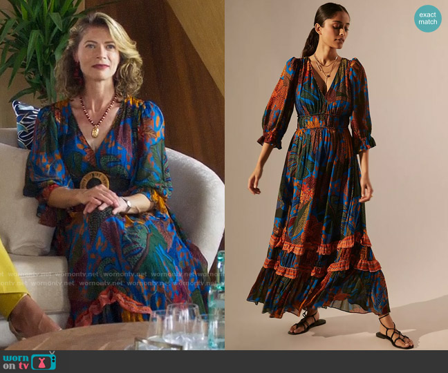 FARM Rio Puff Sleeve Maxi Dress worn by Sue Beck (Gillian Vigman) on Fantasy Island