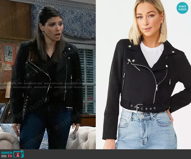 Forever 21 Belted Faux Suede Moto Jacket worn by Brook Lynn Quartermaine (Amanda Setton) on General Hospital