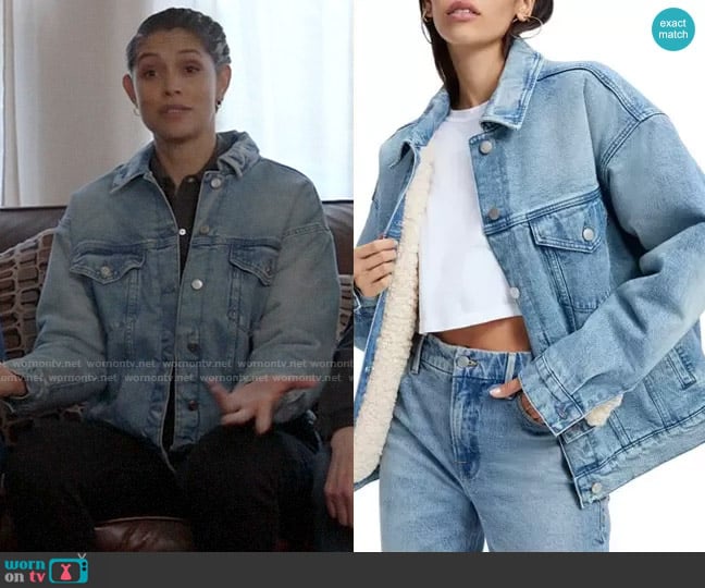 Good American Oversize High Pile Fleece Lined Trucker Jacket worn by Stella Kidd (Miranda Rae Mayo) on Chicago Fire