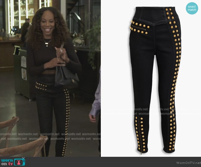 Gucci Button-embellished high-rise skinny jeans worn by Sanya Richards-Ross on The Real Housewives of Atlanta