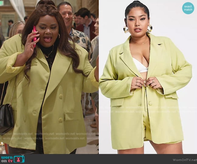 ASOS In The Style Plus x Perrie Sian boyfriend blazer in lime worn by Nicky (Nicole Byer) on Grand Crew