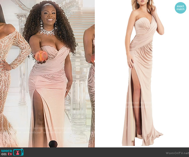 Jovani Shimmer One Shoulder Evening Dress worn by Kandi Burruss on The Real Housewives of Atlanta
