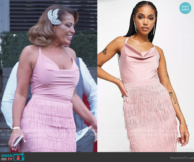 Lavish Alice Satin and fringe dress in soft pink worn by Dolores Catania on The Real Housewives of New Jersey