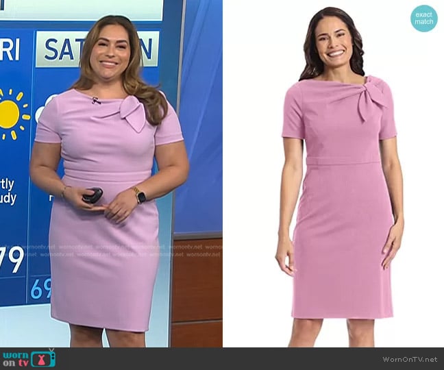 London Times Side Tie Sheath Dress in Orchid Bouquet worn by Violeta Yas on NBC News Daily