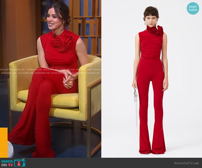 Magda Butrym Ruched Mock Neck Top in red worn by Hailee Steinfeld on Good Morning America