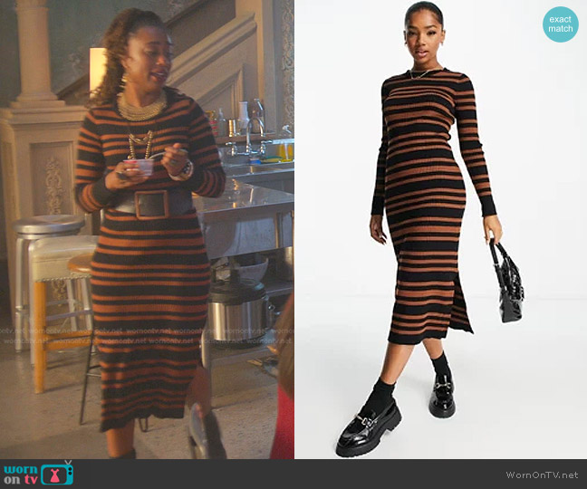 New Look Knit Crew Neck Ribbed Maxi Dress in brown stripe worn by Malika Williams (Zuri Adele) on Good Trouble