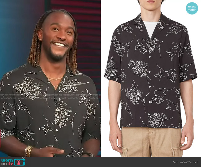 Officine Generale Eren Short Sleeve Calligraphy Print Shirt worn by Scott Evans on Access Hollywood
