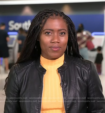 Priscilla Thompson’s black leather biker jacket on NBC News Daily