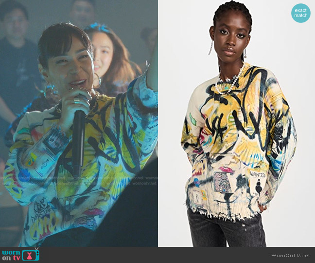 R13 Crosby Grand and Howard Graffiti Oversized Sweater worn by Galen (Galen Hooks) on Good Trouble
