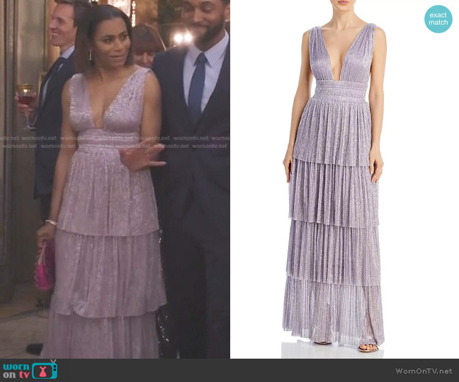 Sabina Musayev Alpha Pleated Knit Layered Maxi Dress worn by Maggie Pierce (Kelly McCreary) on Greys Anatomy