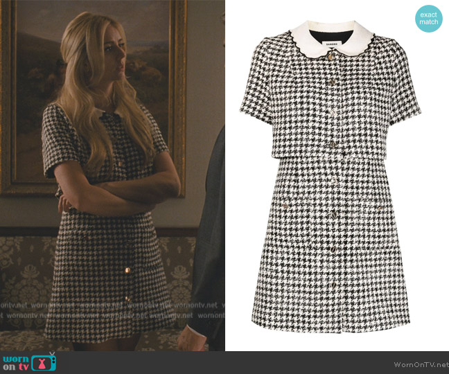 Sandro Faustina houndstooth-print dress worn by Willa Ferreyra (Justine Lupe) on Succession