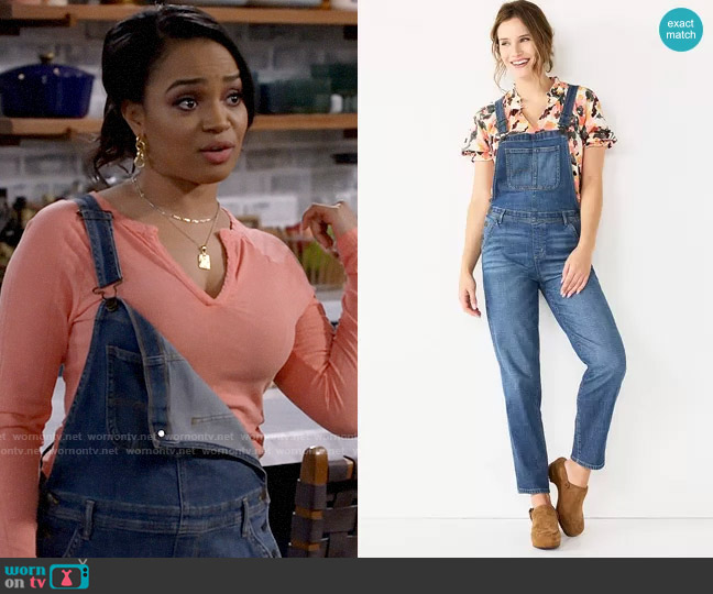 Sonoma Goods For Life Cropped Jean Overalls in Medium Wash worn by Randi (Kyla Pratt) on Call Me Kat