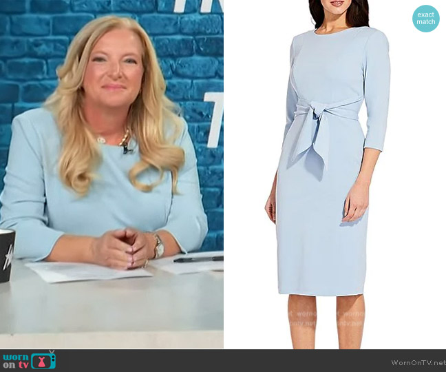 Adrianna Papell Stretch Crepe Crew Neck Tie Waist 3/4 Sleeve Midi Sheath Dress worn by Alison Triessl on Access Hollywood