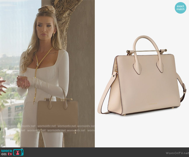 Strathberry The Strathberry Tote in Mushroom with Burgundy worn by Nicole Young on Selling Sunset
