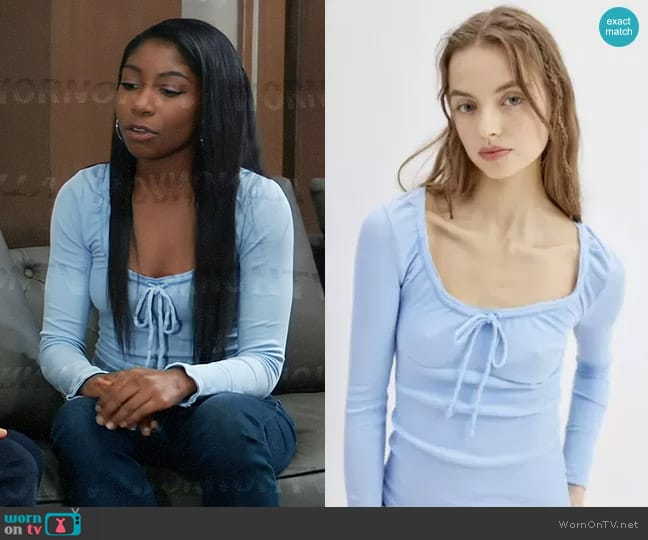 Urban Outfitters Pretty As A Portrait Long Sleeve Top in Sky worn by Trina Robinson (Tabyana Ali) on General Hospital