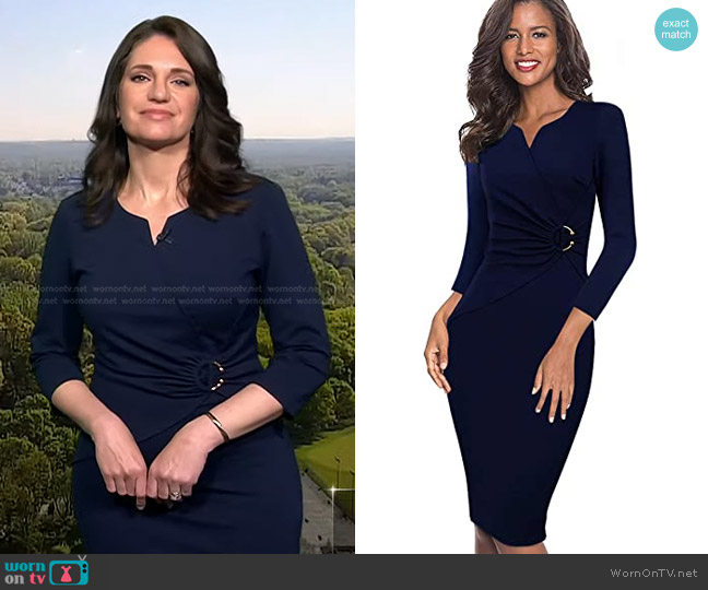 VFShow V Neck Ruched Sheath Dress in Dark Blue-3/4 Sleeve worn by Maria Larosa on Today
