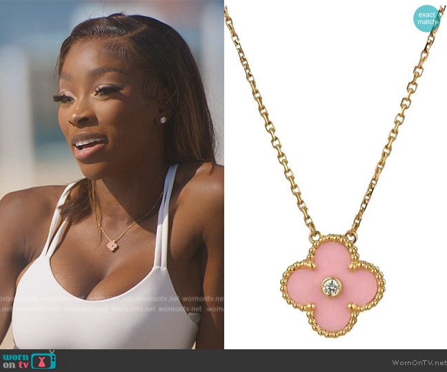 Van Cleef and Arpels Diamond Porcelain Limited Edition Alhambra Rose Gold Necklace worn by Chelsea Lazkani on Selling Sunset