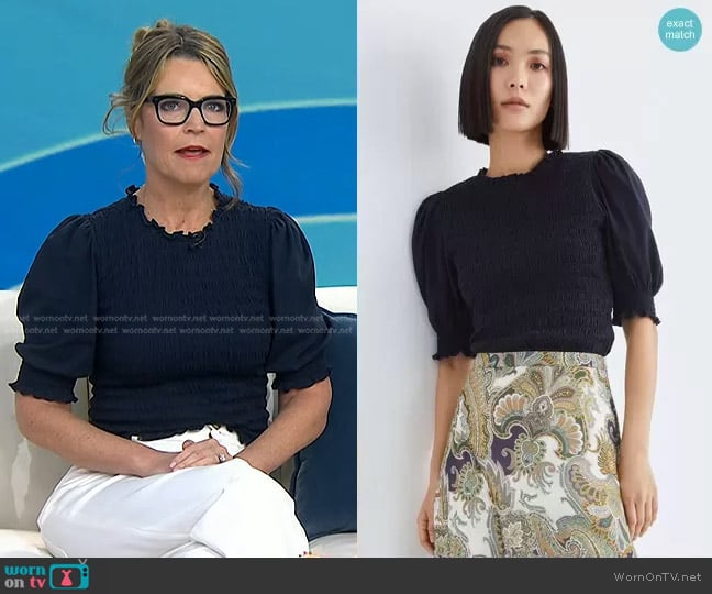 Veronica Beard Langston Smocked Top worn by Savannah Guthrie on Today