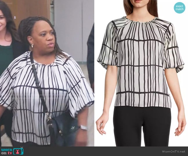 Worthington Round Neck Short Sleeve Blouse in Brush Grid worn by Miranda Bailey (Chandra Wilson) on Greys Anatomy