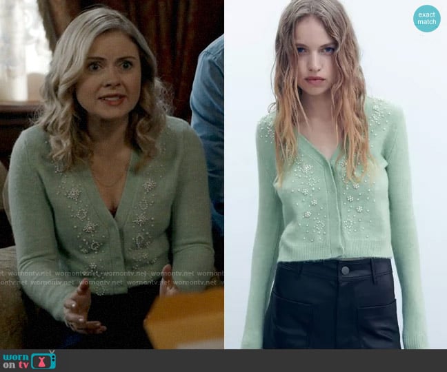 Zara Knit Cardigan with Pearl Beads worn by Sam (Rose McIver) on Ghosts