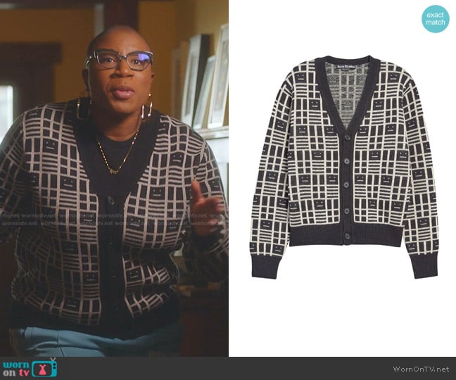 Acne Studios Kargot Face Jacquard Wool V-Neck Cardigan worn by Henrietta Wilson (Aisha Hinds) on 9-1-1