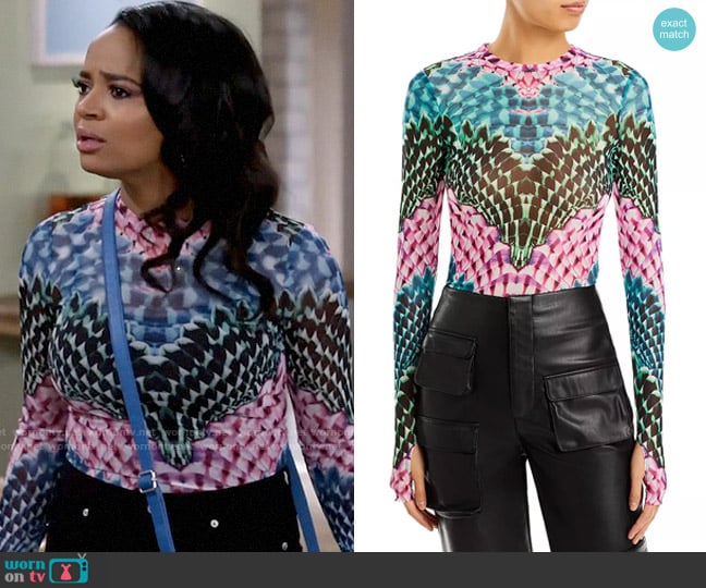AFRM Kaylee Printed Mesh Long Sleeve Top worn by Randi (Kyla Pratt) on Call Me Kat