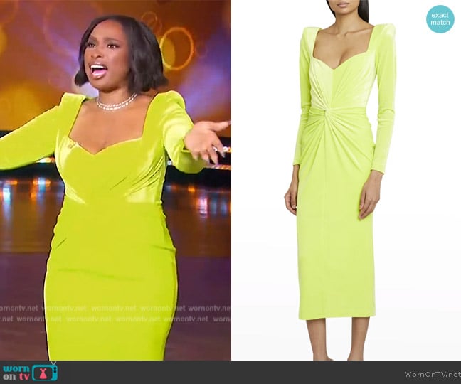 Alex Perry Ashford Twisted Strong-Shoulder Velvet Midi Dress worn by Jennifer Hudson on The Jennifer Hudson Show