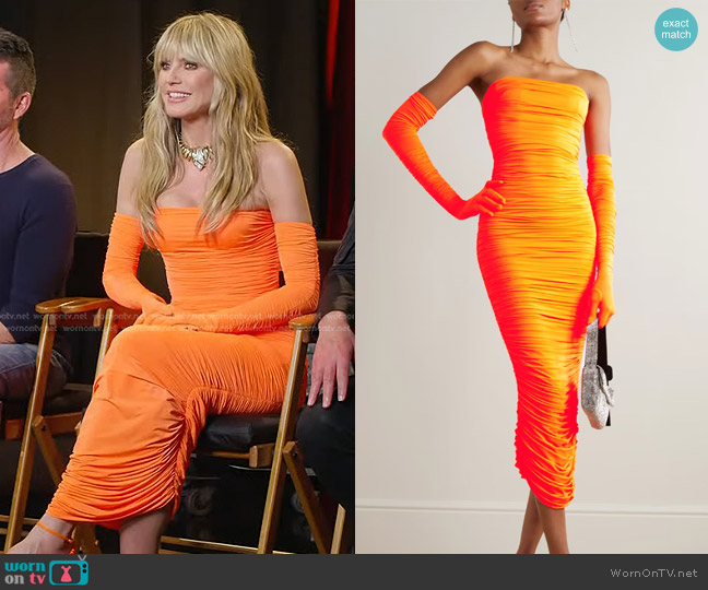 Alex Perry Clarion Strapless Ruched Stretch-Jersey Dress and Gloves Set worn by Heidi Klum on Today