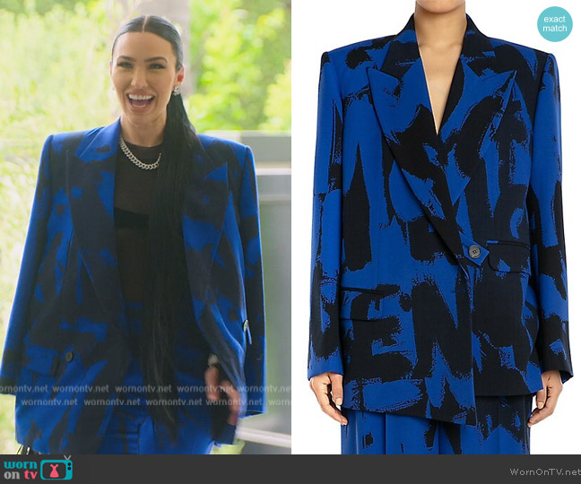 Alexander McQueen Asymmetric Graffiti-Logo Wrap Blazer worn by Bre Tiesi on Selling Sunset